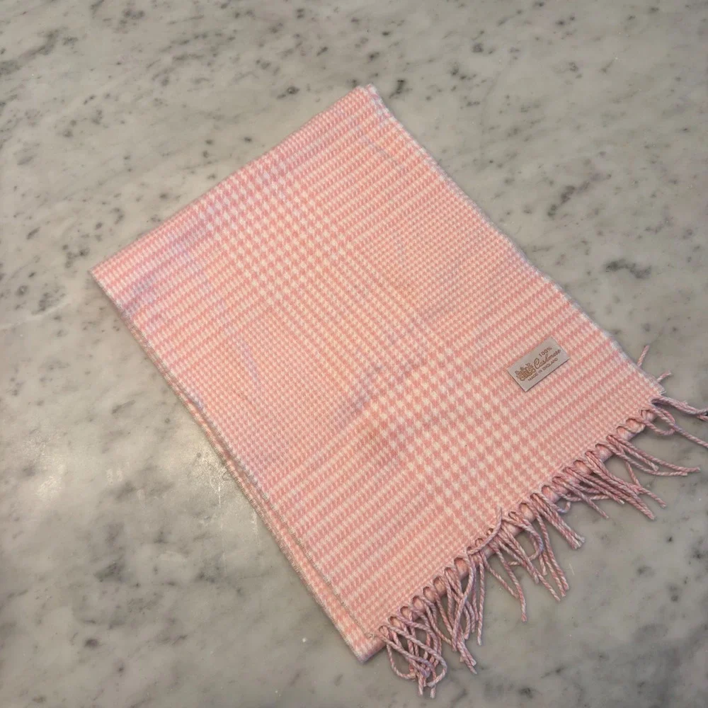 100% Cashmere Scarf Made in England‎ Pink Plaid Fringe 12x64